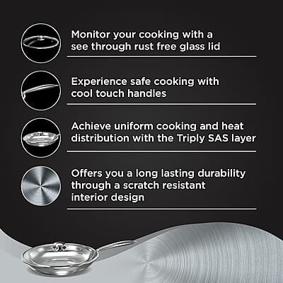 Preethi Metallica Collection Triply Stainless Steel Frypan with Glass Lid, 26 cm, Gas & Induction Preethi Metallica Collection Triply Stainless Steel Frypan with Glass Lid, 26 cm, Gas & Induction