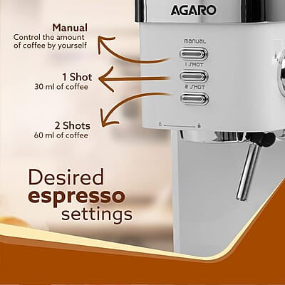 AGARO Regency Espresso Coffee Maker, Adjustable Pressure up to 20 Bars 1.2L Removable Water Tank, 1350W, White AGARO Regency Espresso Coffee Maker, Adjustable Pressure up to 20 Bars 1.2L Removable Water Tank, 1350W, White