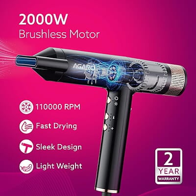 AGARO Bldc Professional Hair Dryer 2000 Watts,110000 Rpm,Fast Drying,3 Speed 3 Temperature Settings AGARO Bldc Professional Hair Dryer 2000 Watts,110000 Rpm,Fast Drying,3 Speed 3 Temperature Settings