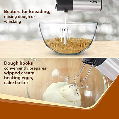 AGARO Elegant Hand Mixer, 300 Watts, Stainless Steel, 6 Interchangeable Speed Settings