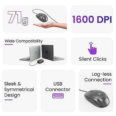 Ambrane Wired USB Mouse, Plug & Play, High Resolution 1600 DPI Optical Sensor, 3-Button Design, Clickable Scroll Wheel, Ambidextrous, Ergonomic Mouse for Comfortable All-Day Grip Ambrane Wired USB Mouse, Plug & Play, High Resolution 1600 DPI Optical Sensor, 3-Button Design, Clickable Scroll Wheel, Ambidextrous, Ergonomic Mouse for Comfortable All-Day Grip