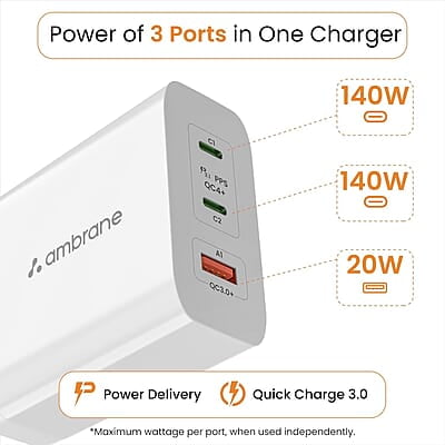 Ambrane 150W GaN Multi-Port Fast Charger Type C USB Compatible with All iPhones, Android Smartphones & Laptops Ambrane 150W GaN Multi-Port Fast Charger Type C USB Compatible with All iPhones, Android Smartphones & Laptops
