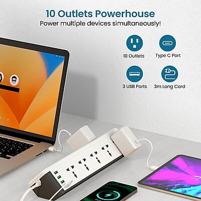 Portronics Power Plate 14 Extension Board with 10 Universal Sockets, 25W Type-C PD, 3 USB Charging Ports, 3 Meter Long Cord, 2500 Watts Portronics Power Plate 14 Extension Board with 10 Universal Sockets, 25W Type-C PD, 3 USB Charging Ports, 3 Meter Long Cord, 2500 Watts