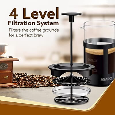 AGARO Delite French Press Coffee And Tea Maker, Borosilicate Glass Body With Sleeves, Glass Carafe, BPA Free Plastic Lid Strainer, 600Ml AGARO Delite French Press Coffee And Tea Maker, Borosilicate Glass Body With Sleeves, Glass Carafe, BPA Free Plastic Lid Strainer, 600Ml