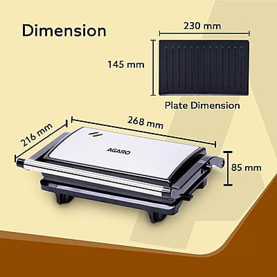 AGARO Deluxe 750 Watts Sandwich/Panini Maker With Non-Stick Grill Plates, 180° Flat Openable Plates