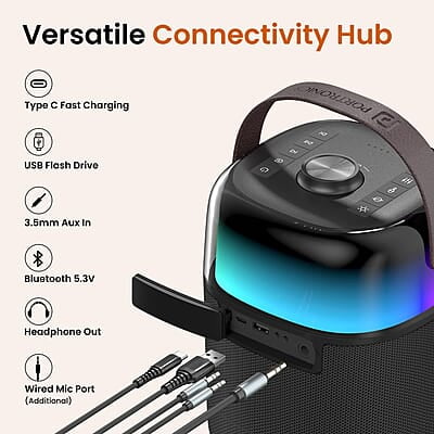 Portronics Dash 4 50W Wireless Bluetooth Party Speaker with Karaoke Mic, Upto 6 Hours Playtime, HD Sound, Bass Boost Technology, EQ Modes, 360° RGB Lights, BT 5.3v, AUX in Portronics Dash 4 50W Wireless Bluetooth Party Speaker with Karaoke Mic, Upto 6 Hours Playtime, HD Sound, Bass Boost Technology, EQ Modes, 360° RGB Lights, BT 5.3v, AUX in
