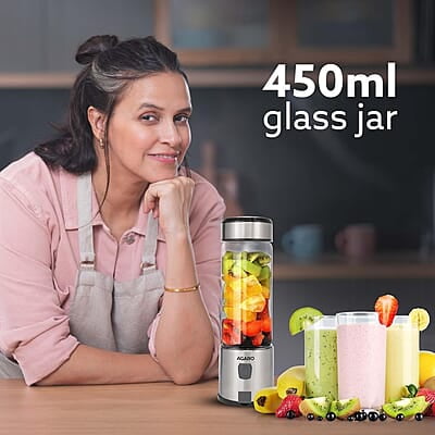AGARO Galaxy Portable Blender, Portable Hand Blender For Kitchen, 450ml, For Smoothies, Shakes, 126W, 3000 mAh Battery, USB Rechargeable, Stainless Steel Blade.