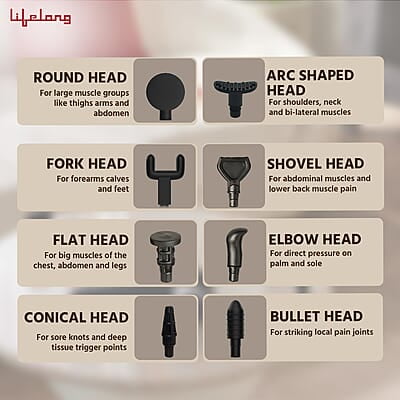 Lifelong Gun Massager for Pain Relief with 8 Massage Heads & LCD Touch Display - Battery Powered - Deep Tissue Massage with 6 Speed Lifelong Gun Massager for Pain Relief with 8 Massage Heads & LCD Touch Display - Battery Powered - Deep Tissue Massage with 6 Speed