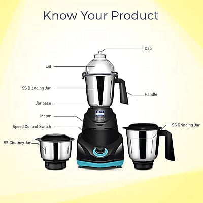 KENT 16065 TrueMix-B 750W | Pulse Function | Auto Shut-Off | 3 Stainless Steel Jars for Blending, Grinding, & Making Chutney