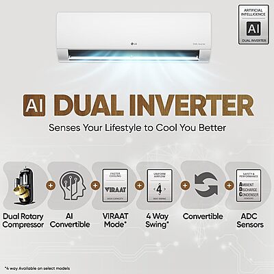 LG 1 Ton 4 Star DUAL Inverter Split AC (Copper, AI Convertible 6-in-1 with VIRAAT Mode, Faster Cooling & Energy Saving, 4 Way Swing, HD Filter with AntiVirus Protection LG 1 Ton 4 Star DUAL Inverter Split AC (Copper, AI Convertible 6-in-1 with VIRAAT Mode, Faster Cooling & Energy Saving, 4 Way Swing, HD Filter with AntiVirus Protection