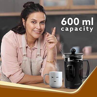 AGARO Elite French Press Coffee And Tea Maker, Borosilicate Glass Body With Sleeves, Glass Carafe, BPA Free Plastic Lid Strainer, 600Ml AGARO Elite French Press Coffee And Tea Maker, Borosilicate Glass Body With Sleeves, Glass Carafe, BPA Free Plastic Lid Strainer, 600Ml