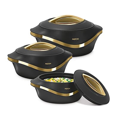 MILTON Pearl Inner Stainless Steel Regular Set of 3 (860 ml, 1.27 Litre, 1.96 Litre), Black