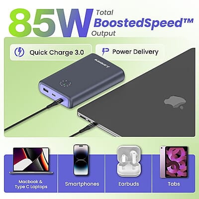 Ambrane 85W Fast Charging Powerbank for MacBook, Type C Laptop & Mobile Charging, 20,000mAh Battery, Triple Output Ambrane 85W Fast Charging Powerbank for MacBook, Type C Laptop & Mobile Charging, 20,000mAh Battery, Triple Output
