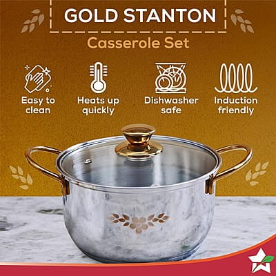 Wonderchef Gold Stanton Stainless Steel 3 piece Casserole Set with Glass Lid Set of 3 (1.6L, 2.3L, 3.1L)