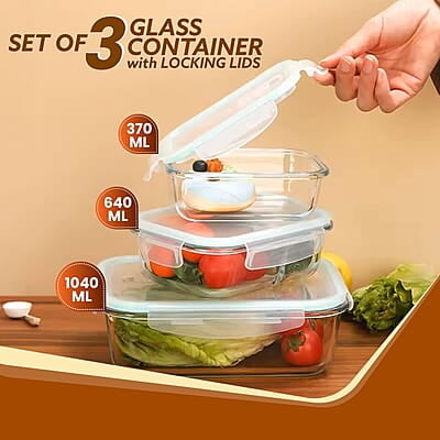 AGARO Borosilicate Glass Containers with Lids, 3 pcs Set (370ml, 640ml &1040ml), Microwave Safe AGARO Borosilicate Glass Containers with Lids, 3 pcs Set (370ml, 640ml &1040ml), Microwave Safe