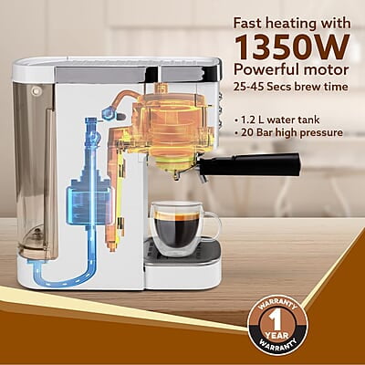 AGARO Regency Espresso Coffee Maker, Adjustable Pressure up to 20 Bars 1.2L Removable Water Tank, 1350W, White AGARO Regency Espresso Coffee Maker, Adjustable Pressure up to 20 Bars 1.2L Removable Water Tank, 1350W, White