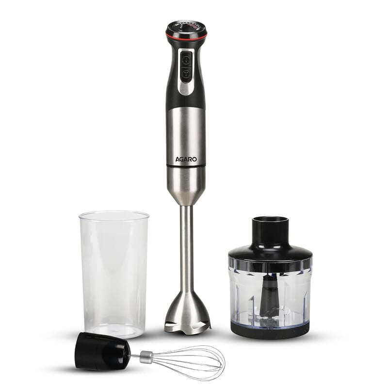 AGARO Grand 1000 Watts Hand Blender With Chopper, Jar & Whisker, 2 Variable Speed Modes & Speed Regulator, Stainless Steel Blades(Black), 400mmx60mm AGARO Grand 1000 Watts Hand Blender With Chopper, Jar & Whisker, 2 Variable Speed Modes & Speed Regulator, Stainless Steel Blades(Black), 400mmx60mm