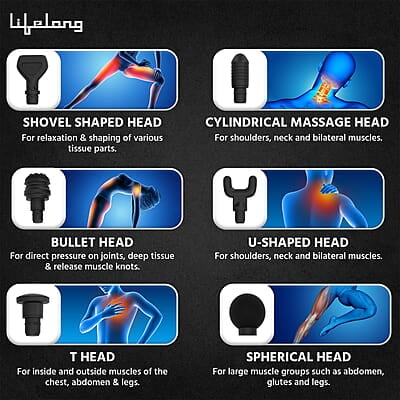 Lifelong Gun Massager Percussion for Full Body Pain Relief 6 Heads LED Touch 30 Speed Levels Premium Bag Lifelong Gun Massager Percussion for Full Body Pain Relief 6 Heads LED Touch 30 Speed Levels Premium Bag