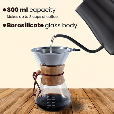 AGARO Elite Pour Over Coffee Maker, Drip Coffee Maker, Borosilicate Glass Body, Stainless Steel Filter Dripper, Wooden Sleeve For Extra Protection, 800ml