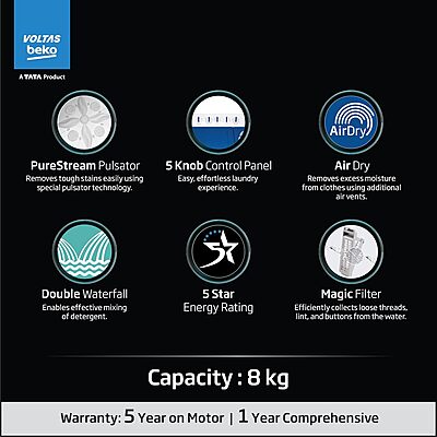 Voltas Beko, A Tata Product 8 Kg 5 Star Semi-automatic Top Load Washing Machine with Double Waterfall Technology Voltas Beko, A Tata Product 8 Kg 5 Star Semi-automatic Top Load Washing Machine with Double Waterfall Technology