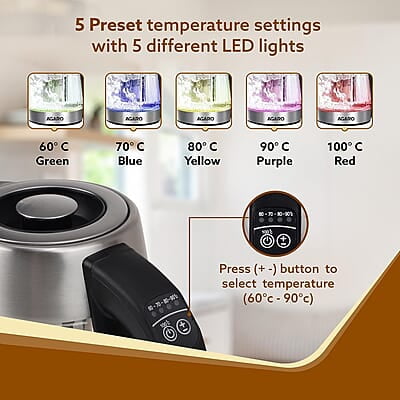 AGARO Supreme Electric Glass Kettle With Tea & Coffee Infuser, 1.7 liter, Borosilicate Glass Body 1850W AGARO Supreme Electric Glass Kettle With Tea & Coffee Infuser, 1.7 liter, Borosilicate Glass Body 1850W