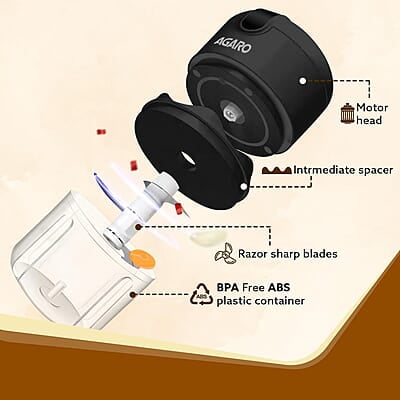 AGARO Elite Rechargeable Mini Electric Chopper, Food Grade Bowl, Stainless Steel Blades 250 Ml AGARO Elite Rechargeable Mini Electric Chopper, Food Grade Bowl, Stainless Steel Blades 250 Ml