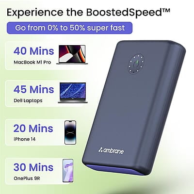 Ambrane 85W Fast Charging Powerbank for MacBook, Type C Laptop & Mobile Charging, 20,000mAh Battery, Triple Output Ambrane 85W Fast Charging Powerbank for MacBook, Type C Laptop & Mobile Charging, 20,000mAh Battery, Triple Output