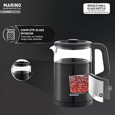 Havells MARINO Low Noise Glass Electric Kettle 1L 1200W Borosilicate Glass inner & Cool Touch Outer Body