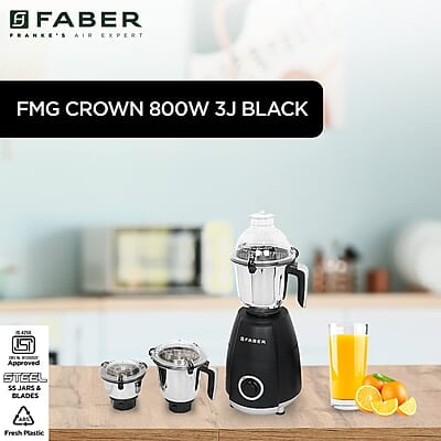 Faber Crown 800W Blender Mixer Grinder, 3 SS clip lock jars and blades low-noise copper motor, up to 20000 rpm speed Faber Crown 800W Blender Mixer Grinder, 3 SS clip lock jars and blades low-noise copper motor, up to 20000 rpm speed