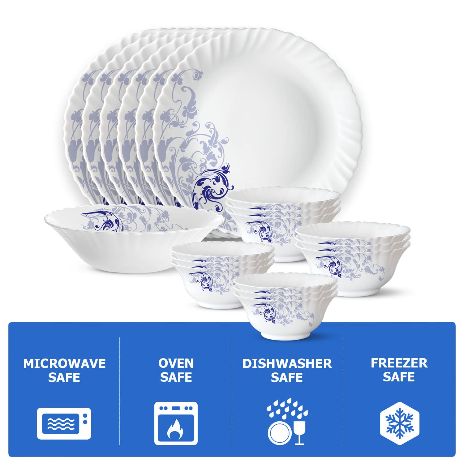 Larah by Borosil Blue Eve Silk Series Opalware Dinner Set 15pcs