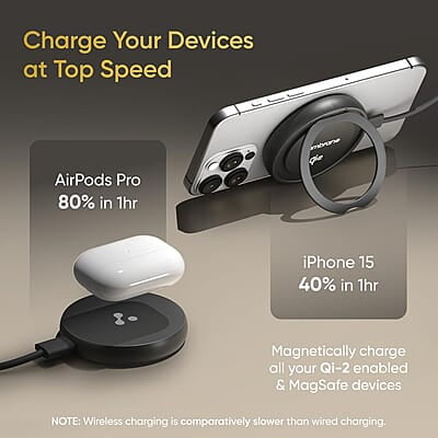 Ambrane 15W MagSafe Wireless Charger & Mobile Stand Lightweight & Foldable for iPhone 15/15 Plus/15 Pro/15 Pro Max, iPhone 12/13/14 Series & Other Qi Devices + Magnetic Ring Ambrane 15W MagSafe Wireless Charger & Mobile Stand Lightweight & Foldable for iPhone 15/15 Plus/15 Pro/15 Pro Max, iPhone 12/13/14 Series & Other Qi Devices + Magnetic Ring