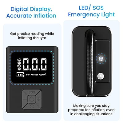Ambrane Wired Tyre Inflator Air Pump for Cars with digital display & LED Light, 60W with up to 100 Psi, Portable Air Compressor, with Nozzles for Car, Bike, Motorcycle, Sports Ball