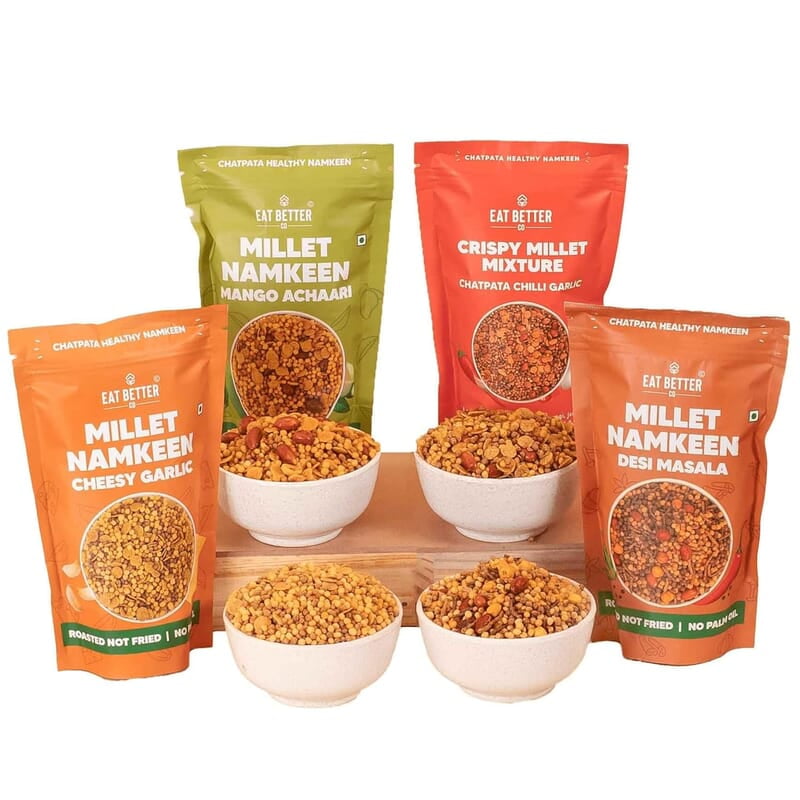 Eat Better Co – Millet Namkeen Combo – Four Flavours – Desi Masala, Mango Achari, Cheesy Garlic and Chilli Garlic – 4 * 100 grams - Healthy Snacks for Adults Combo Eat Better Co – Millet Namkeen Combo – Four Flavours – Desi Masala, Mango Achari, Cheesy Garlic and Chilli Garlic – 4 * 100 grams - Healthy Snacks for Adults Combo