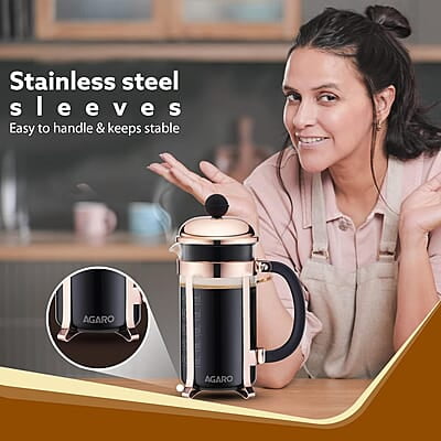 AGARO Royal French Press Coffee And Tea Maker, Borosilicate Glass Body With Sleeves, Glass Carafe, BPA Free Plastic Lid Strainer, 600Ml AGARO Royal French Press Coffee And Tea Maker, Borosilicate Glass Body With Sleeves, Glass Carafe, BPA Free Plastic Lid Strainer, 600Ml