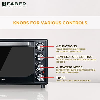 Faber 34 liter (DG) 1600 Watts OTG Bake, Toast, Roast, Grill 6 Functions, Upper & Lower Heating, Rotisserie, 360 Convection