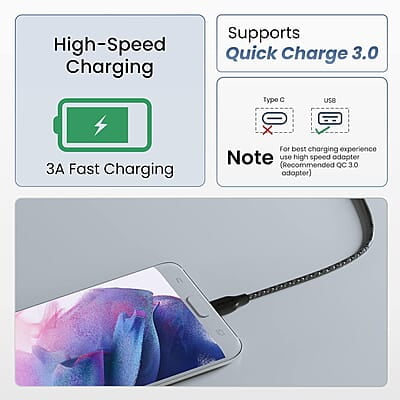 Ambrane Unbreakable 60W / 3A Fast Charging 1.5m Braided Micro USB Cable for Smartphones, Tablets, Laptops & other Micro USB devices, 480Mbps Data Sync, Quick Charge 3.0 (RCM15 Ambrane Unbreakable 60W / 3A Fast Charging 1.5m Braided Micro USB Cable for Smartphones, Tablets, Laptops & other Micro USB devices, 480Mbps Data Sync, Quick Charge 3.0 (RCM15