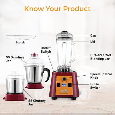 KENT Stainless Steel Super Strong Grinder&Blender|30,000 Rpm Electronic Variables Speed Control|Spill-Proof Lids With Jars|Overheating&Overcurrent Protection|Lockable Jar|Speed Control Switch