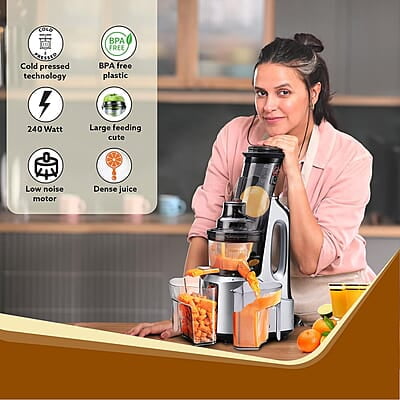 AGARO Imperial Slow Juicer, Professional Cold Press Whole Slow Juicer, 240 Watts Power Motor, 3 Strainers, All-in-1 Fruit & Vegetable Juicer, Grey/Black