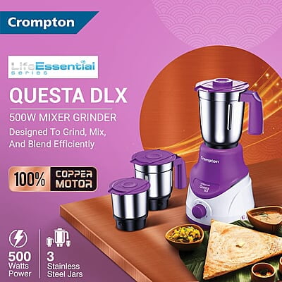 Crompton QUESTA DLX Mixer Grinder 100% Copper Motor & Motor Vent-X Technology (3 Stainless Steel Jars, Lavender) Crompton QUESTA DLX Mixer Grinder 100% Copper Motor & Motor Vent-X Technology (3 Stainless Steel Jars, Lavender)