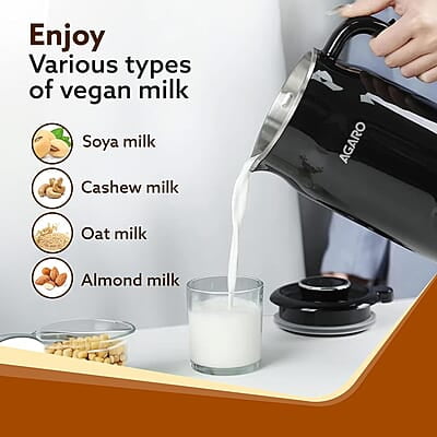 AGARO Regency Automatic Nut Milk Maker, Vegan Milk Machine, Make Vegan Milk From Nuts, Almonds, Soya, Oats etc, Boil Water, Juice, Cereals, Stainless Steel Body, 600ml, Black AGARO Regency Automatic Nut Milk Maker, Vegan Milk Machine, Make Vegan Milk From Nuts, Almonds, Soya, Oats etc, Boil Water, Juice, Cereals, Stainless Steel Body, 600ml, Black