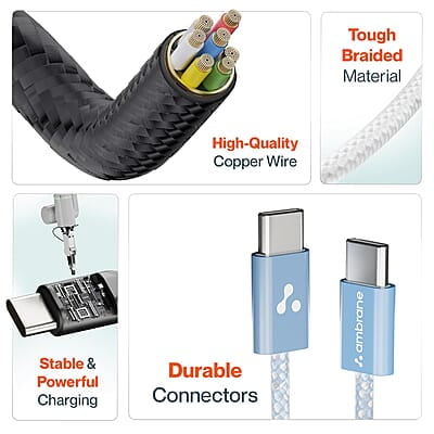 Ambrane 60W Type-C to Type-C Fast Charging Cable for Smartphones, Tablets, Laptops, iPhone 15 & Other Type C Devices, PD Technology, 480Mbps Data Sync, 1.2M (ABCC-60 Ambrane 60W Type-C to Type-C Fast Charging Cable for Smartphones, Tablets, Laptops, iPhone 15 & Other Type C Devices, PD Technology, 480Mbps Data Sync, 1.2M (ABCC-60