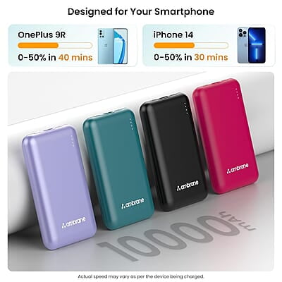 Ambrane 10000mAh Slimmest & Compact (Pocket/Bag Friendly) Powerbank, 22.5W Fast Charging, USB & Type C Output