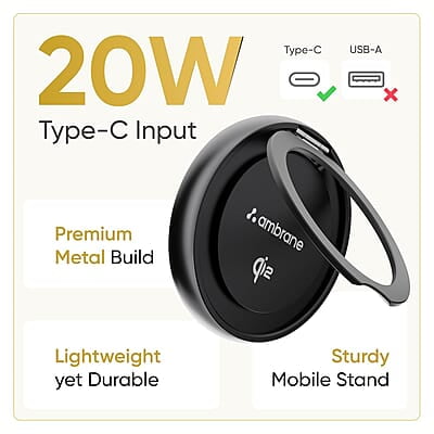 Ambrane 15W MagSafe Wireless Charger & Mobile Stand Lightweight & Foldable for iPhone 15/15 Plus/15 Pro/15 Pro Max, iPhone 12/13/14 Series & Other Qi Devices + Magnetic Ring Ambrane 15W MagSafe Wireless Charger & Mobile Stand Lightweight & Foldable for iPhone 15/15 Plus/15 Pro/15 Pro Max, iPhone 12/13/14 Series & Other Qi Devices + Magnetic Ring