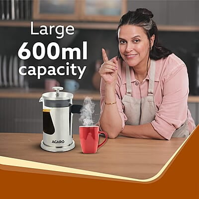AGARO Crystal French Press Coffee Maker, 600 ML, 4 Level Filtration System, 304 Grade Stainless Steel