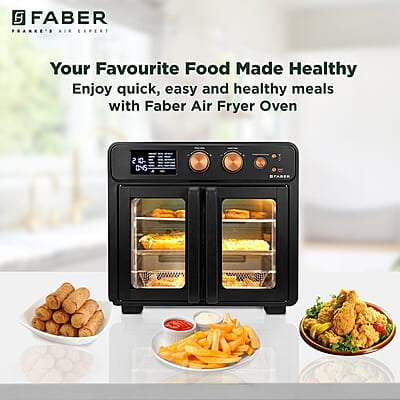 Faber Air Fryer Oven 25L, Digital Control, Bake Tray, SS Wire Tray & Basket, Crumb Tray, Rotisserie Kit Faber Air Fryer Oven 25L, Digital Control, Bake Tray, SS Wire Tray & Basket, Crumb Tray, Rotisserie Kit