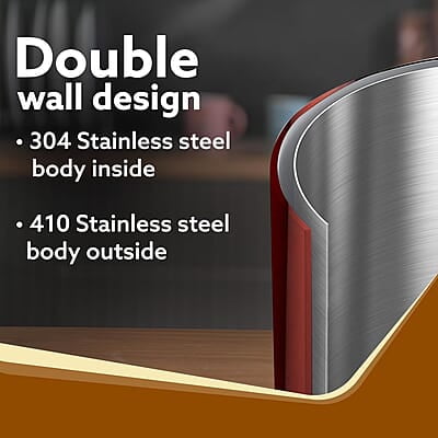AGARO Insignia Electric Kettle, 1.8L, Double Layered Kettle, 100% Stainless Steel Inner Metallic Red