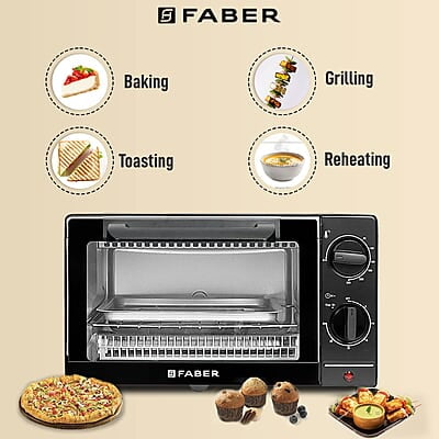 Faber 9L 1000W OTG Bake, Toast, Grill | Upper & Lower SS Heating Auto-Shut Off, Ready Bell Faber 9L 1000W OTG Bake, Toast, Grill | Upper & Lower SS Heating Auto-Shut Off, Ready Bell
