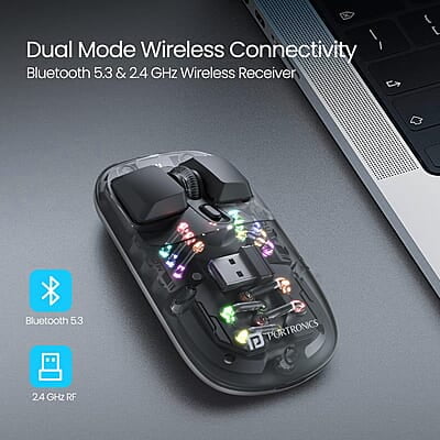 Portronics Toad 5 Transparent Bluetooth Mouse with 2.4 GHz & BT 5.3 Dual Wireless, Rechargeable, RGB Lights, Connect 3 Devices, Sleek Design for Laptop, Smartphone, Tablet Portronics Toad 5 Transparent Bluetooth Mouse with 2.4 GHz & BT 5.3 Dual Wireless, Rechargeable, RGB Lights, Connect 3 Devices, Sleek Design for Laptop, Smartphone, Tablet