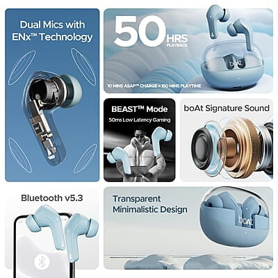boAt Airdopes 311 Pro w/Up to 50 HRS Playtime, ASAP Charge(10min=150 Mins), Dual Mics w/ENx Tech, Transparent ID, 50 ms Low-Latency Beast Mode, IPX4 Truly Wireless in Ear Earbuds boAt Airdopes 311 Pro w/Up to 50 HRS Playtime, ASAP Charge(10min=150 Mins), Dual Mics w/ENx Tech, Transparent ID, 50 ms Low-Latency Beast Mode, IPX4 Truly Wireless in Ear Earbuds