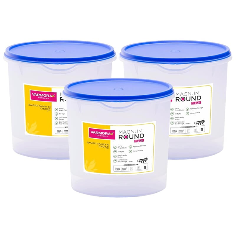 Varmora Magnum Round Smart Kitchen Storage Plastic Container – Blue Lid (2.5 Litres) (Pack of 3) Varmora Magnum Round Smart Kitchen Storage Plastic Container – Blue Lid (2.5 Litres) (Pack of 3)